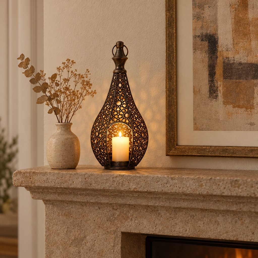 Black cutwork metal lantern with a lit pillar candle on a stone fireplace mantel beside a small vase of dried stems, with a framed abstract print behind