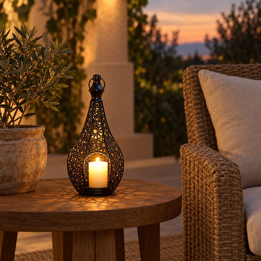 Black cutwork metal lantern with a lit pillar candle on a round wood side table on a patio at dusk, beside a potted olive tree and a wicker armchair