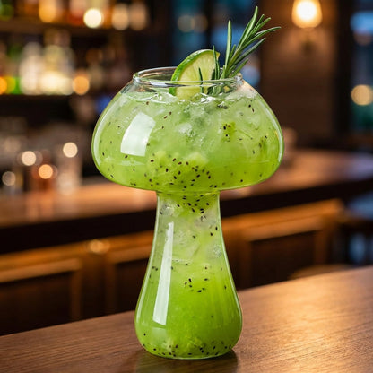 Green cocktail with kiwi pieces and a sprig of rosemary in a glass on a bar counter.