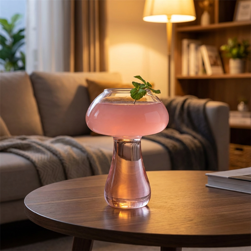 Pink glass vase with water and a leaf on a wooden table in a cozy living room.
