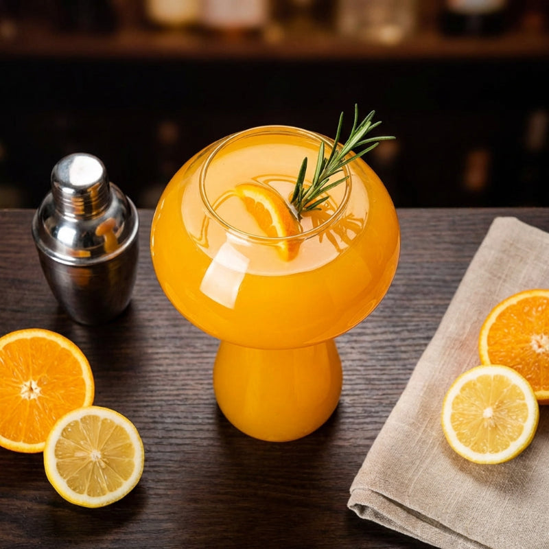 Orange cocktail in a unique glass with a shaker, lemons, and oranges on a wooden table.