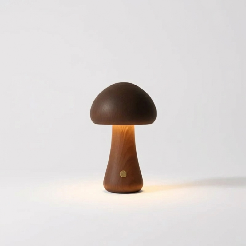 Dark wood mushroom table lamp on white background
