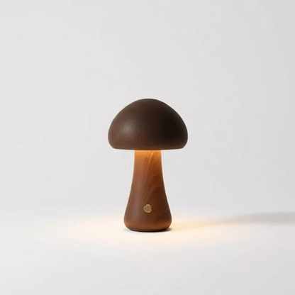Dark wood mushroom table lamp on white background