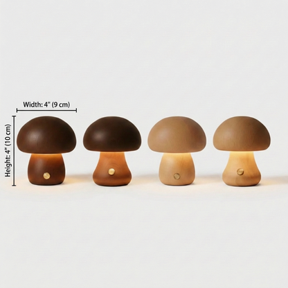 Wooden mushroom table lamps shown in multiple wood finishes