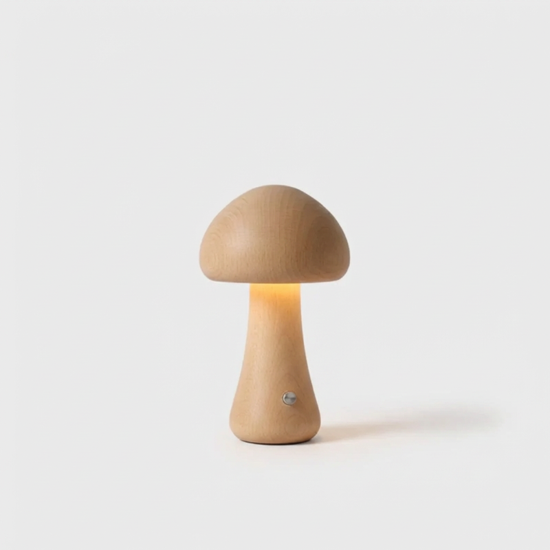 Light wood mushroom table lamp on white background