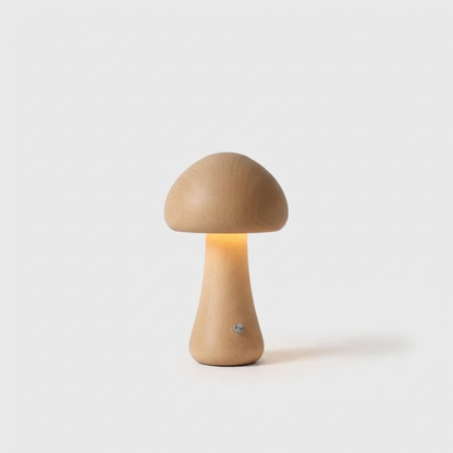 Light wood mushroom table lamp on white background