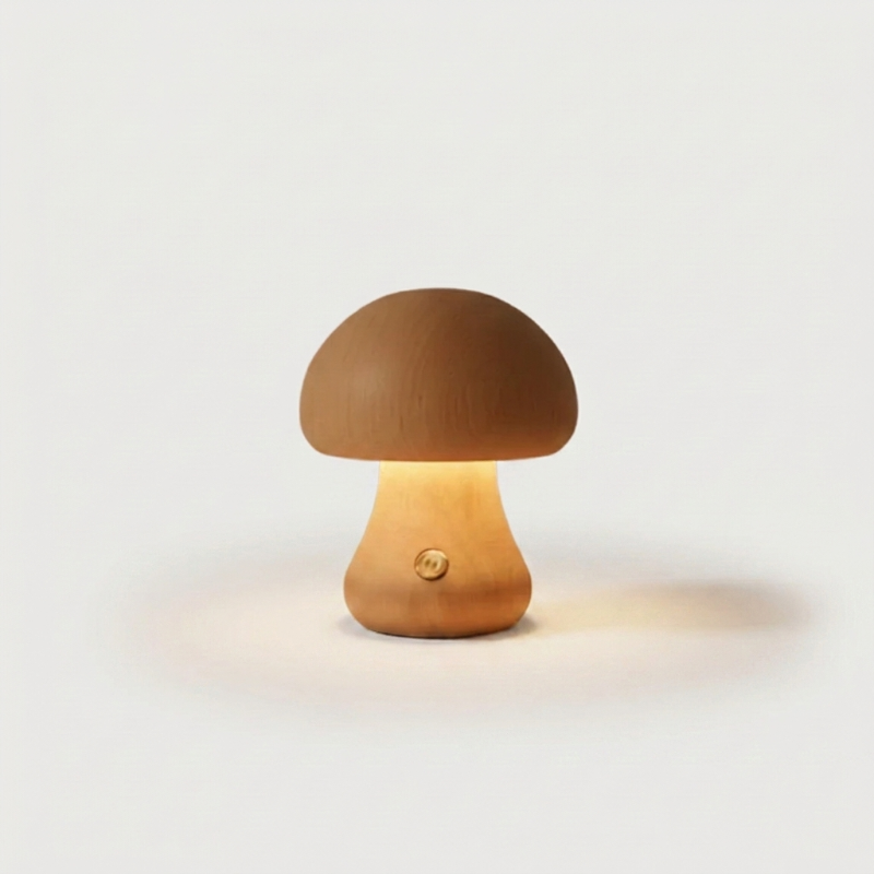 Mushroom-shaped lamp with a warm glow on a light background