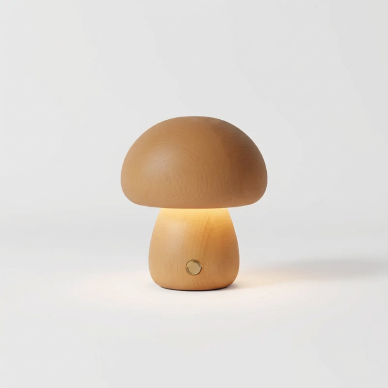 Natural wood mushroom table lamp with warm glow on white background