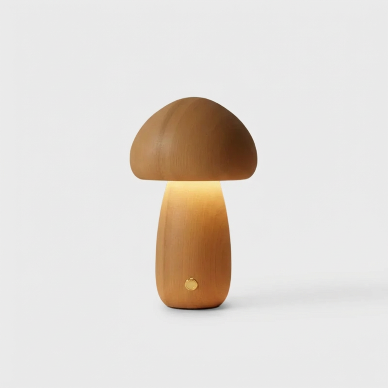 Natural wood mushroom table lamp on white background