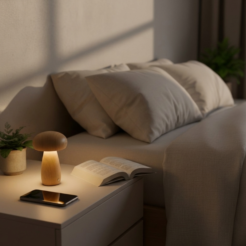 Wooden mushroom table lamp on bedside table in softly lit bedroom