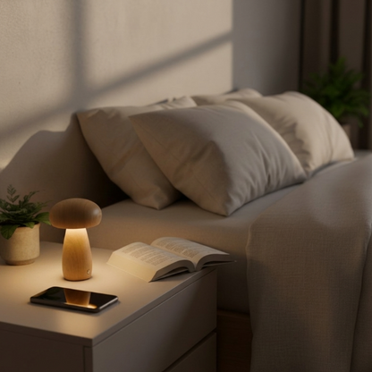 Wooden mushroom table lamp on bedside table in softly lit bedroom