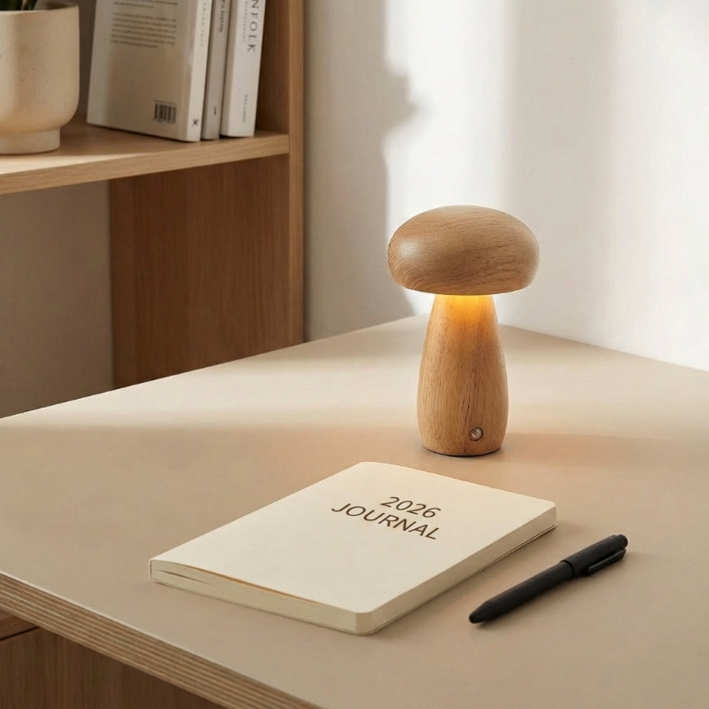 Wooden mushroom table lamp on desk beside notebook