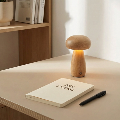 Wooden mushroom table lamp on desk beside notebook