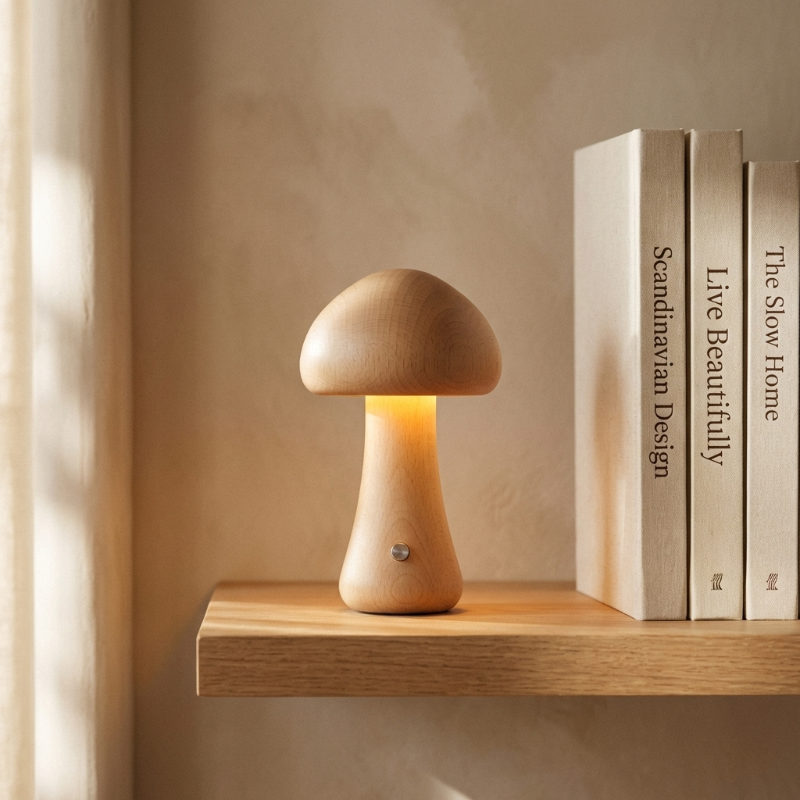 Wooden mushroom table lamp on bookshelf with books