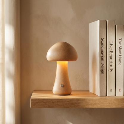 Wooden mushroom table lamp on bookshelf with books