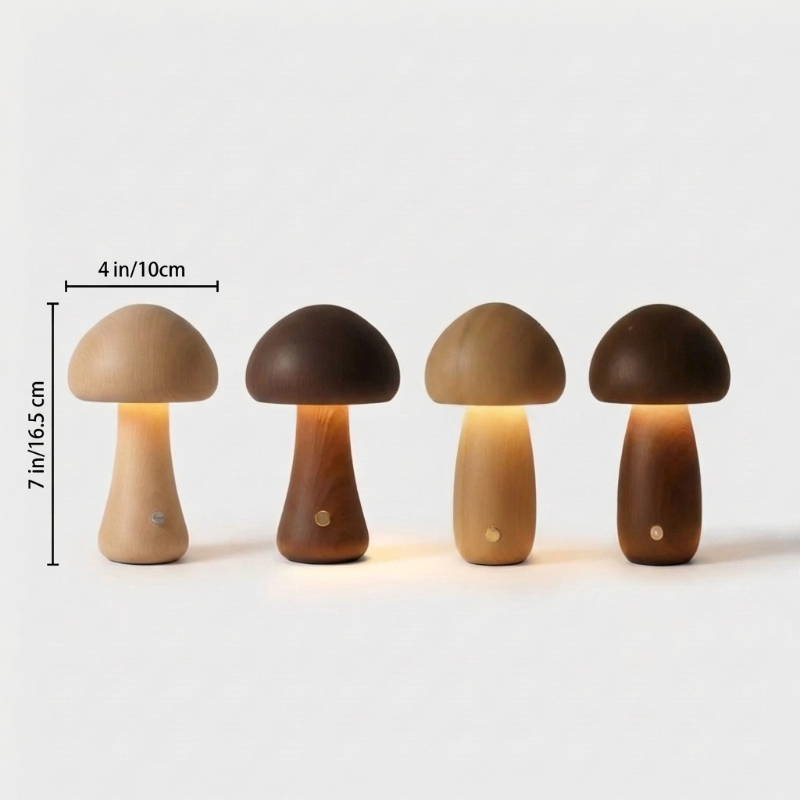 Wooden mushroom table lamps dimensions graphic on white background