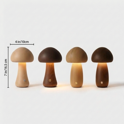 Wooden mushroom table lamps dimensions graphic on white background