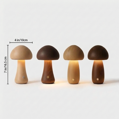 Four taller wooden mushroom table lamps in natural, dark walnut, honey and deep brown wood tones on a light background with size labels Width 4 in or 10 cm and Height 7 in or 16.5 cm