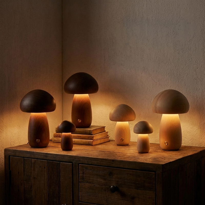 Set of wooden mushroom table lamps glowing in warm ambient setting