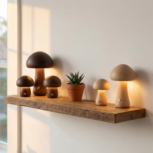 Wooden mushroom table lamps styled on shelf with plants