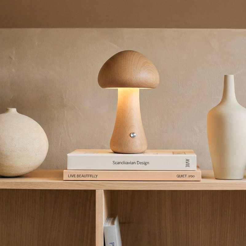 Wooden mushroom table lamp on shelf with books and vase