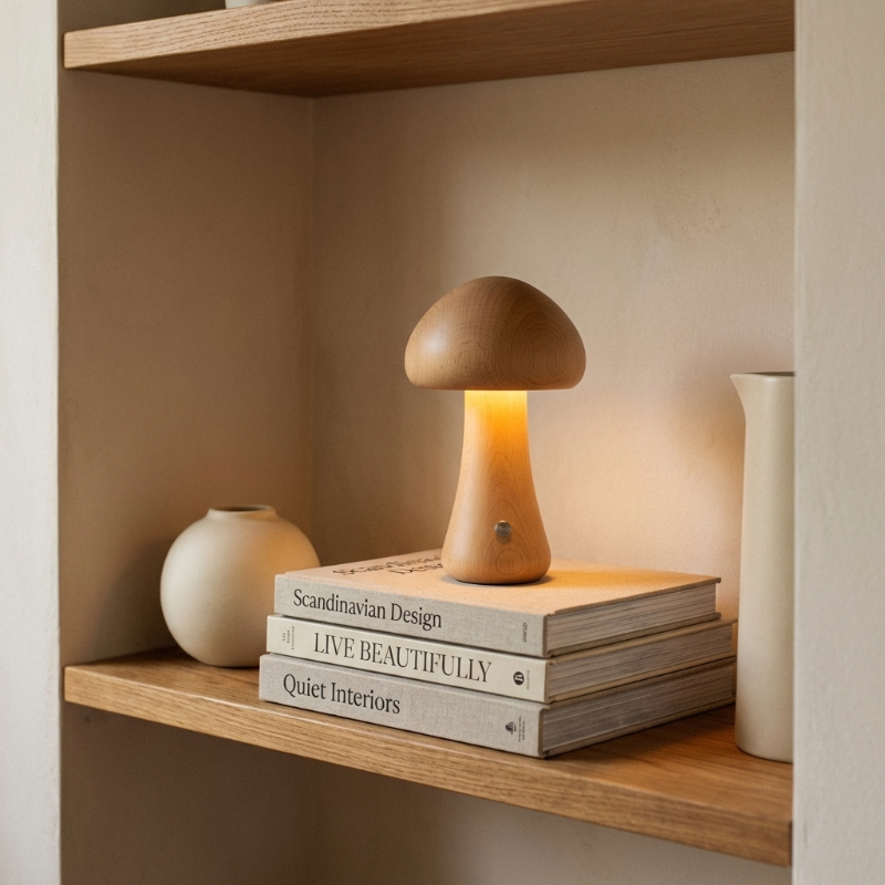 Wooden mushroom table lamp on shelf with stacked books