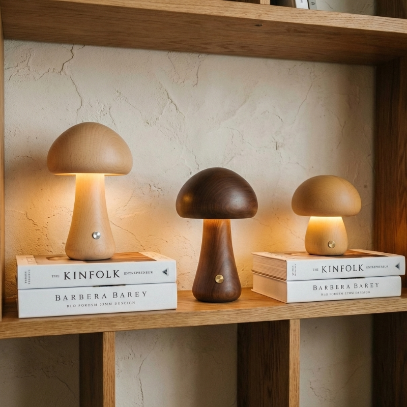 Wooden mushroom table lamps displayed together on wooden shelf