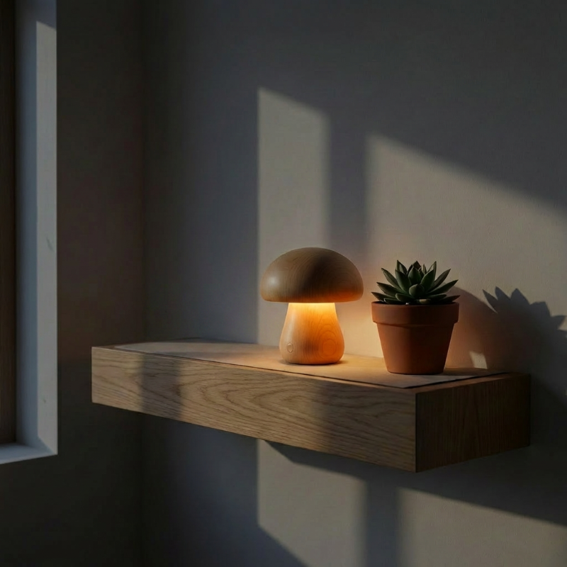 Wooden mushroom table lamp glowing on windowsill at night