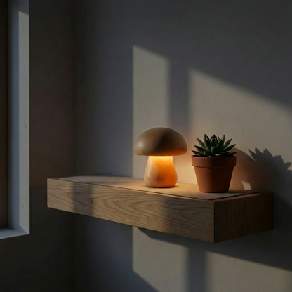 Wooden mushroom table lamp glowing on windowsill at night