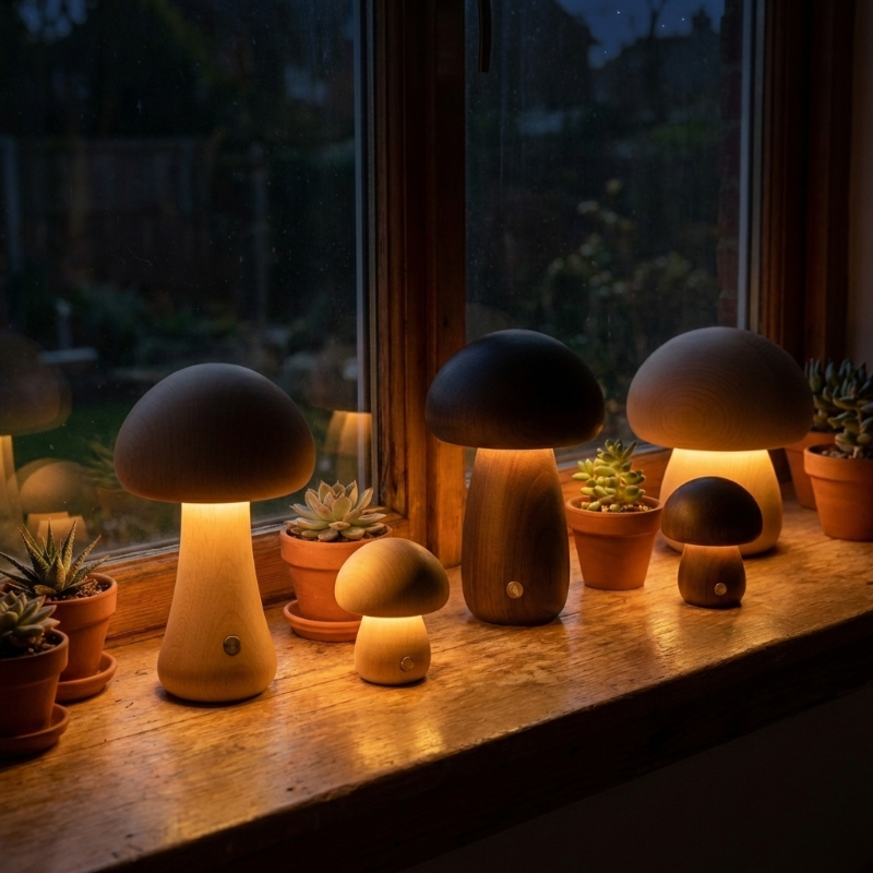 Wooden mushroom table lamps glowing on wooden ledge at dusk