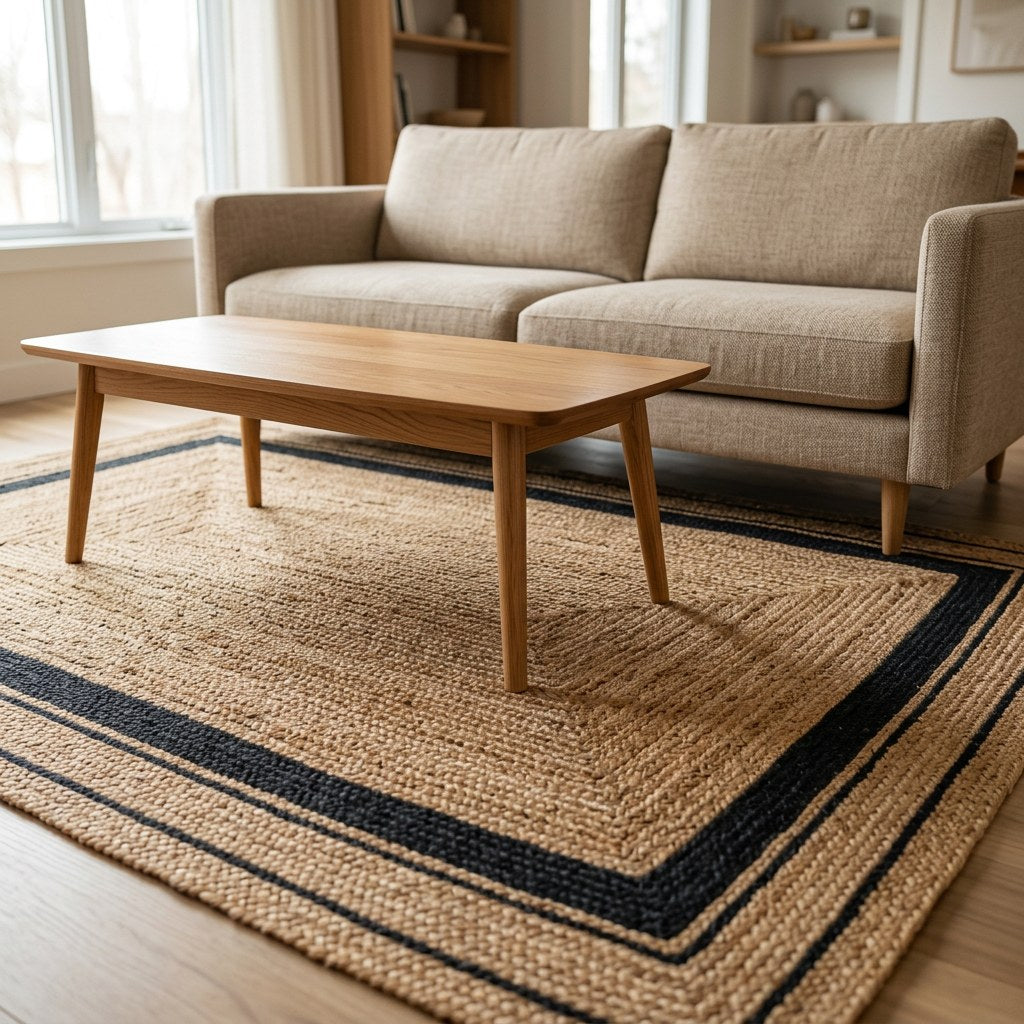 Natural jute hand-woven rug with black border under a coffee table, Kiyo Home