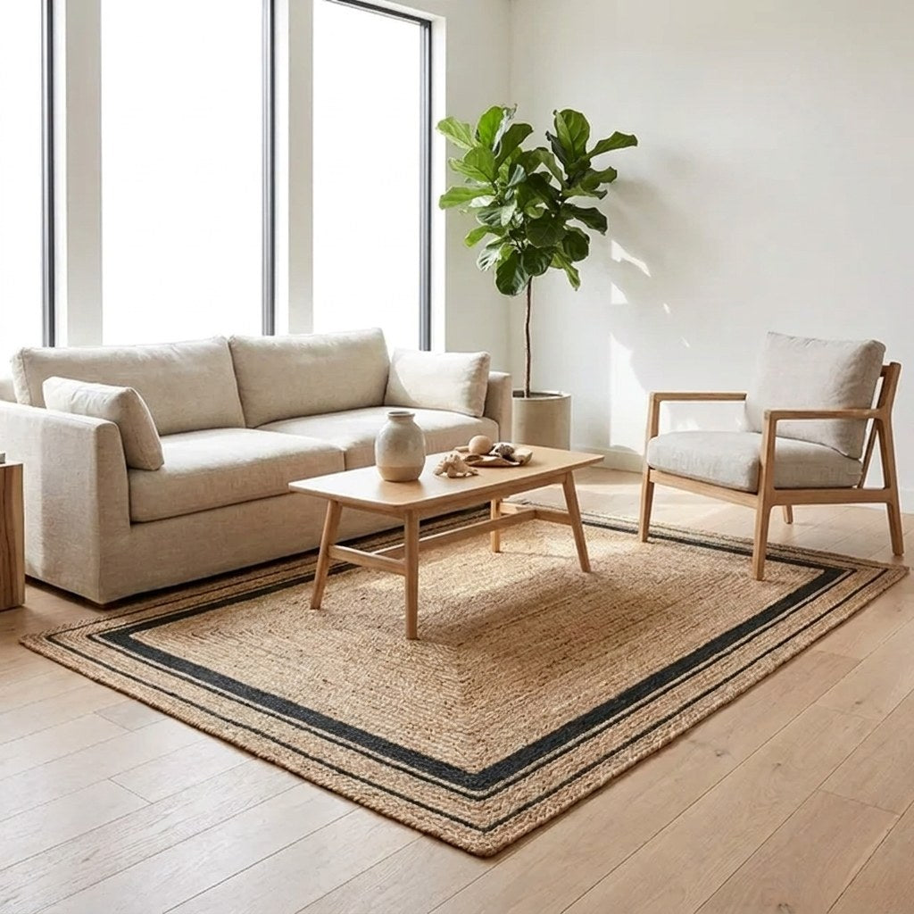 Natural jute hand-woven rug with black border in a living room, Kiyo Home