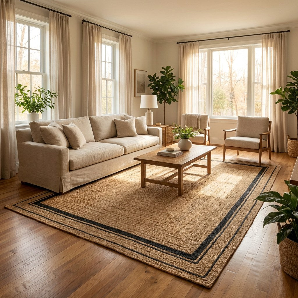 Natural jute hand-woven rug with ivory border in a bright living room, Kiyo Home