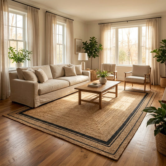 Natural jute hand-woven rug with ivory border in a bright living room, Kiyo Home