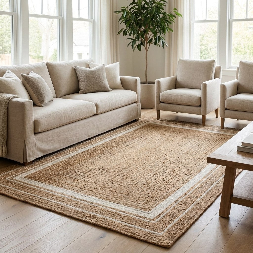 Natural jute hand-woven rug with ivory border in a living room, Kiyo Home