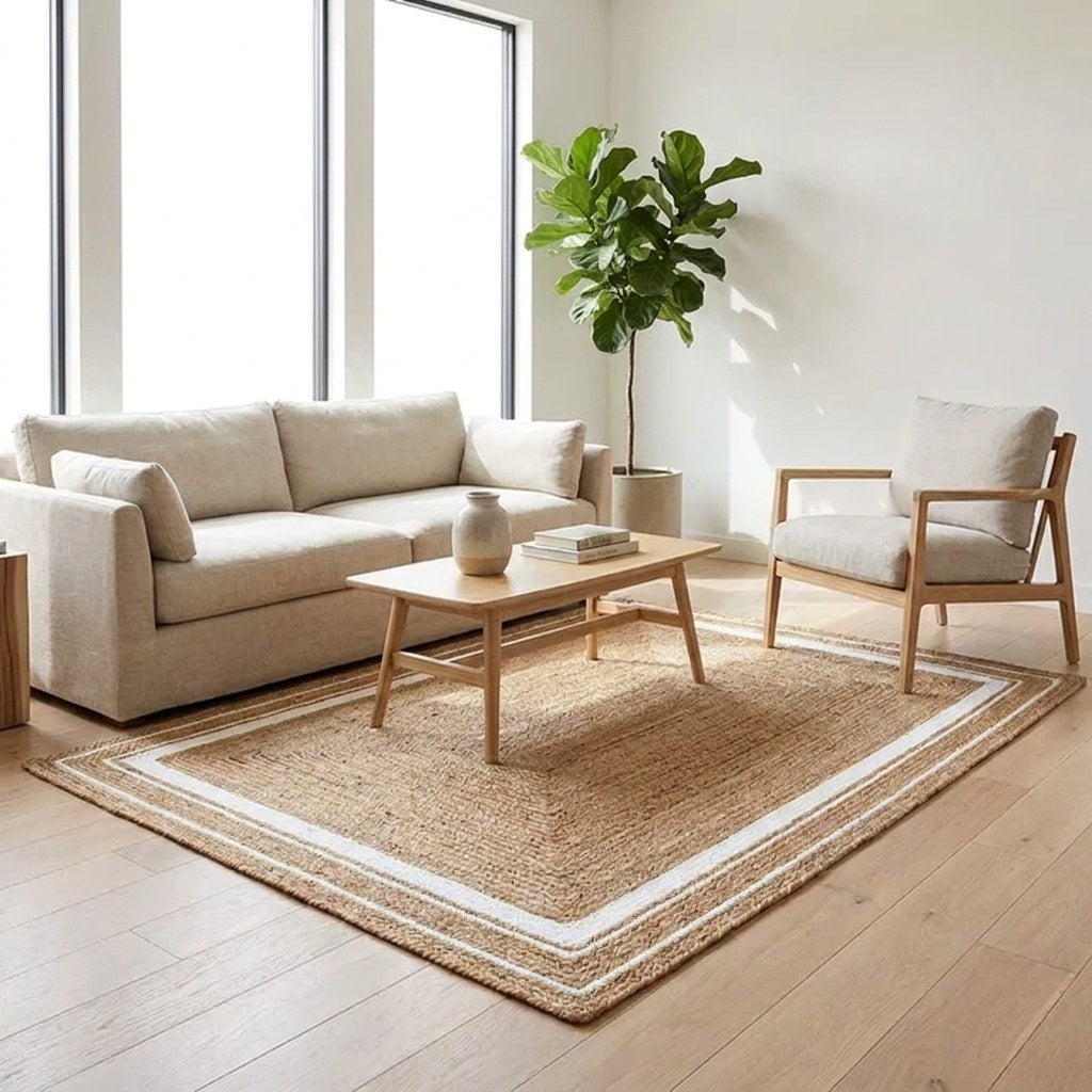 Natural jute hand-woven rug with ivory border styled in a living room, Kiyo Home