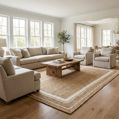 Natural jute hand-woven rug with ivory border in an open living room, Kiyo Home