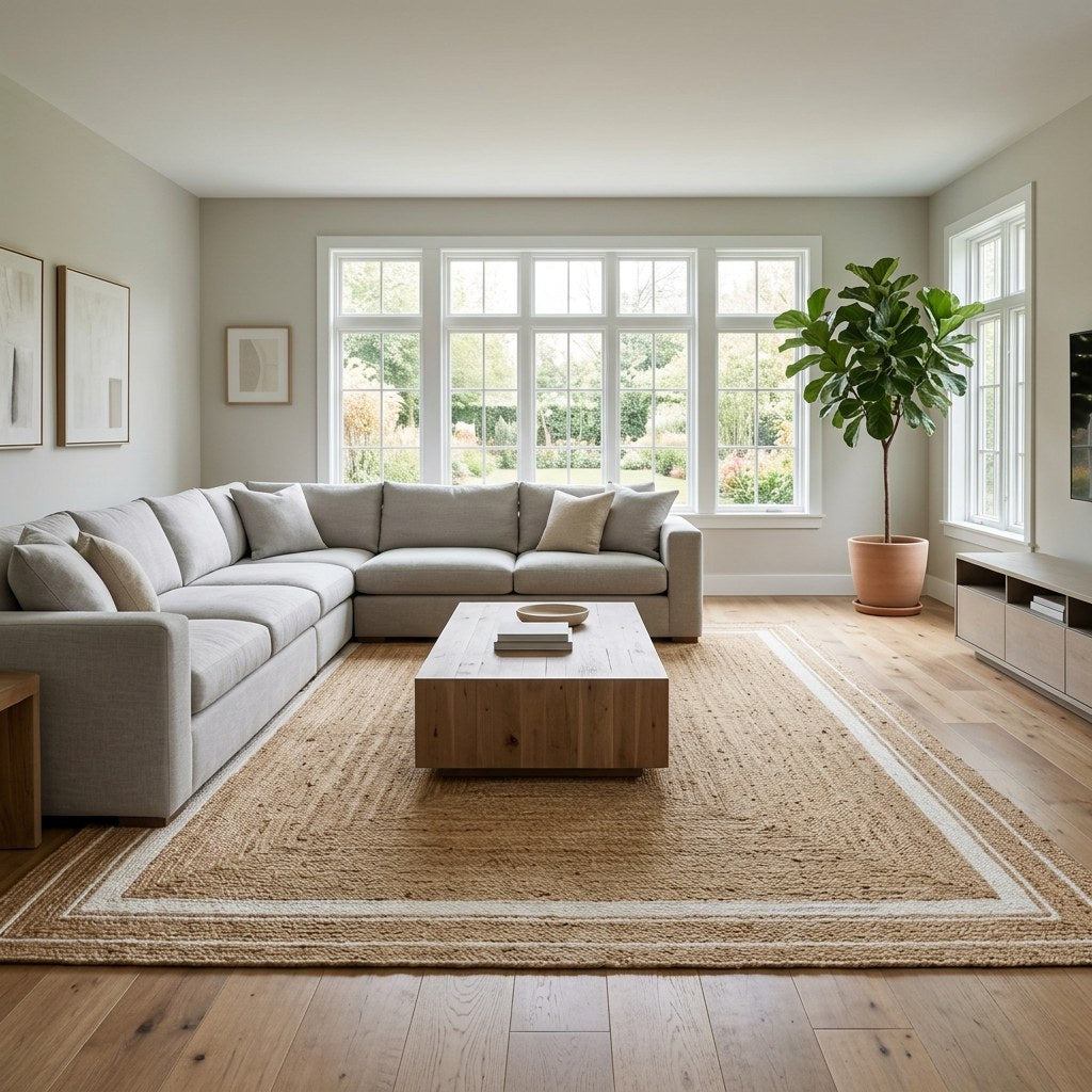 Natural jute hand-woven rug in a cozy neutral living room, Kiyo Home
