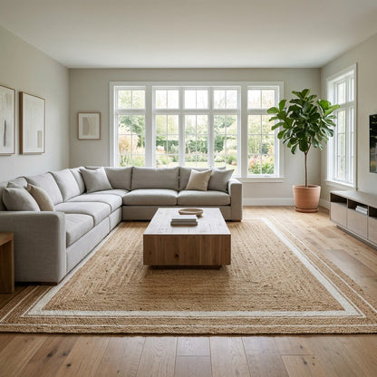 Natural jute hand-woven rug in a cozy neutral living room, Kiyo Home