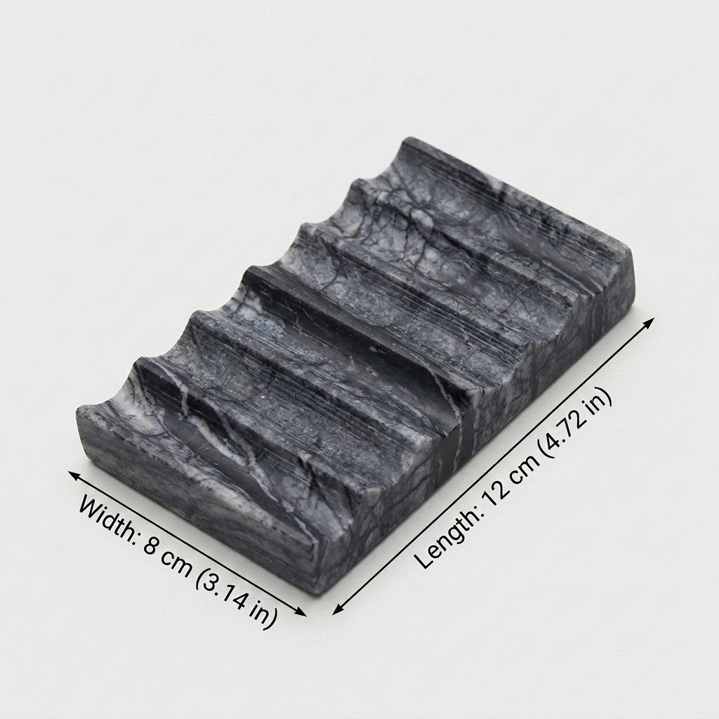 Natural Marble Soap Dish dimensions diagram showing 12 cm (4.72 in) length and 8 cm (3.14 in) width