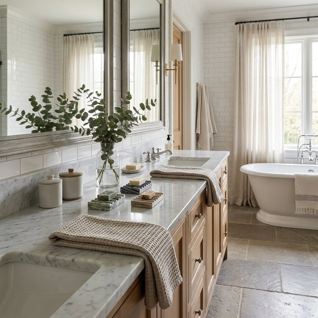 Natural Marble Soap Dishes with soap bars displayed on a marble double-vanity countertop in a bathroom