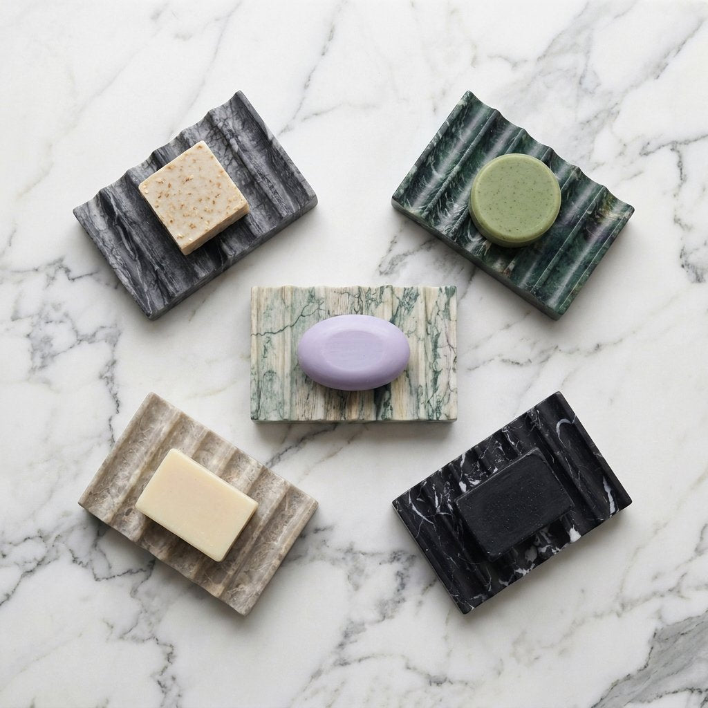 Five Natural Marble Soap Dishes in grey, green, white, natural, and black tones, each holding a different soap bar, arranged in a flat lay on a marble surface