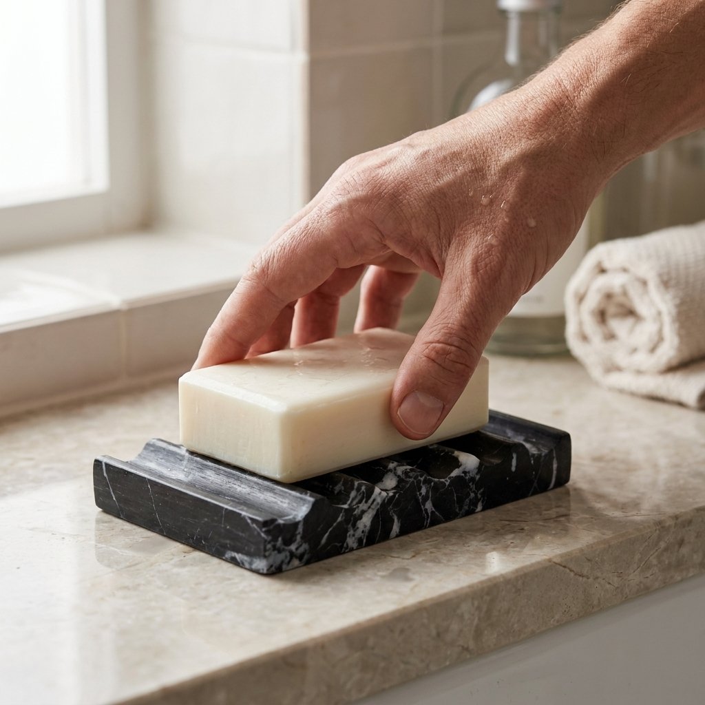 Close-up of a hand placing a soap bar onto the black marble Natural Marble Soap Dish