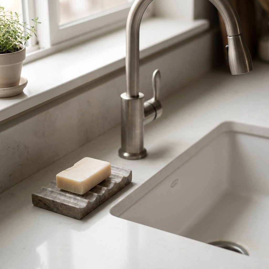 Natural tan Marble Soap Dish holding a soap bar on a kitchen counter beside the sink faucet