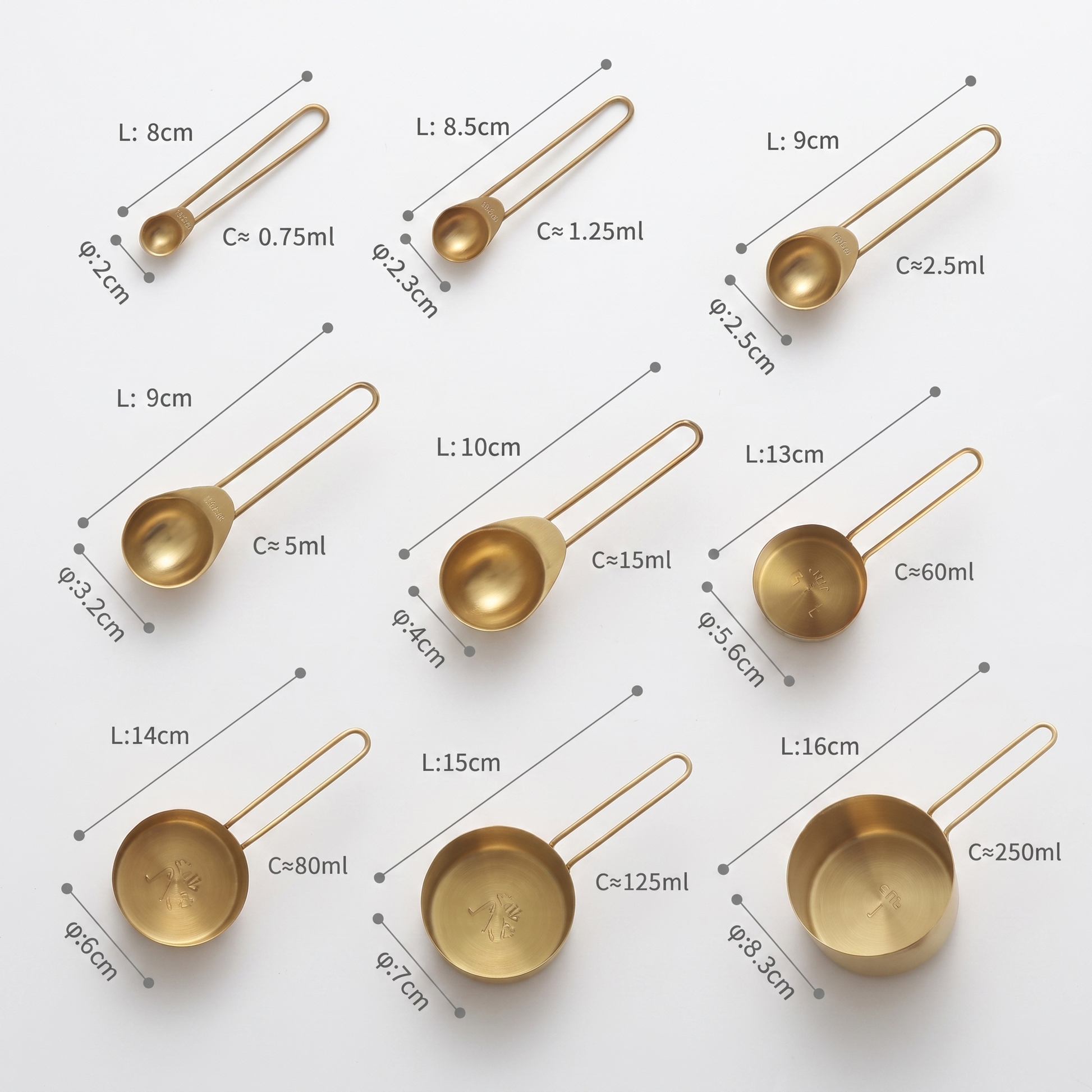 9-Piece Gold Stainless Steel Measuring Set dimensions diagram showing each cup and spoon size and capacity