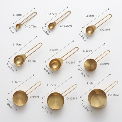 9-Piece Gold Stainless Steel Measuring Set dimensions diagram showing each cup and spoon size and capacity