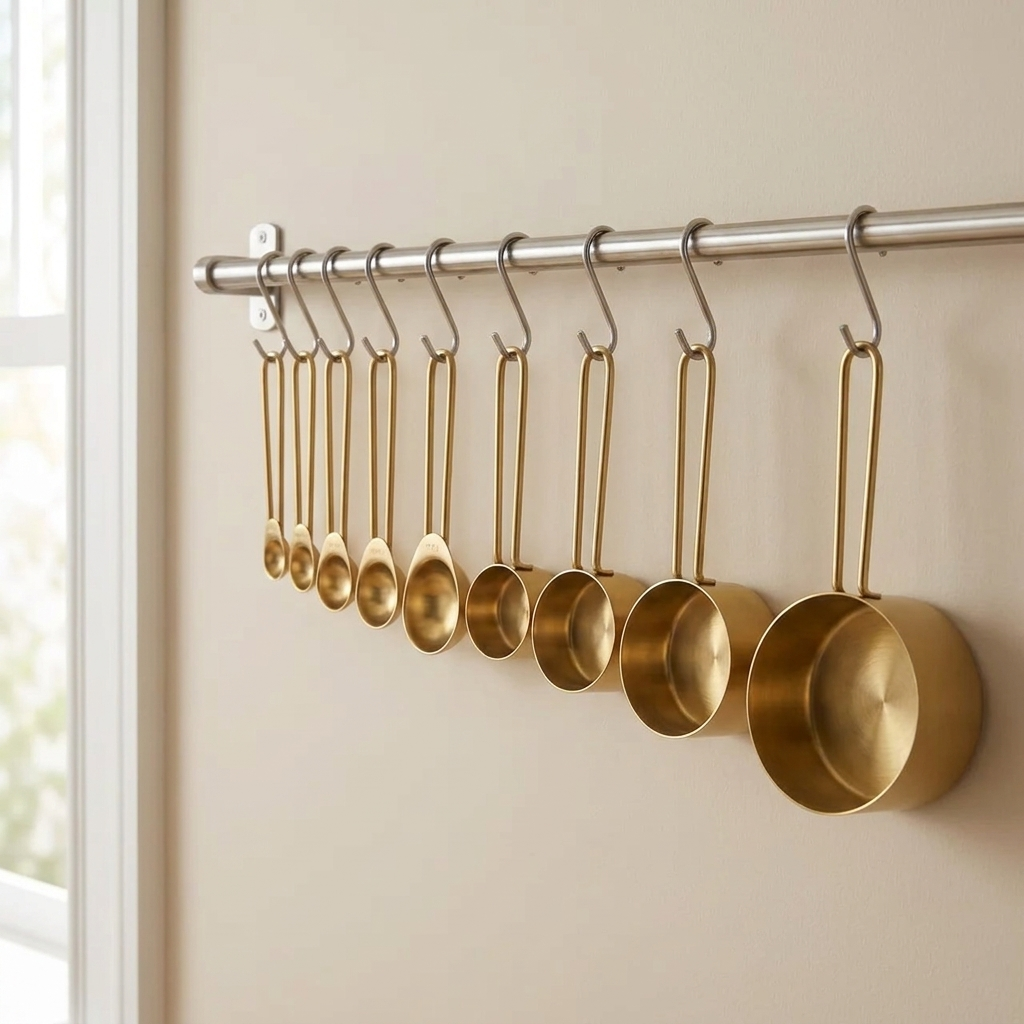 Gold stainless steel measuring cups and spoons hanging from a kitchen rail