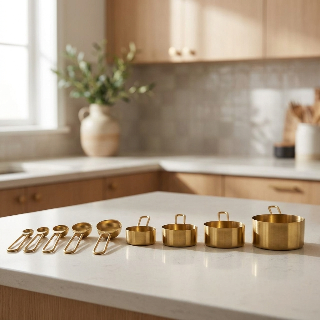 Gold stainless steel measuring set arranged on a modern kitchen counter