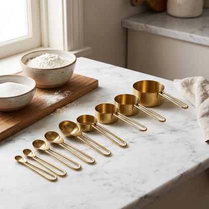 Gold stainless steel measuring cups and spoons displayed on a marble board