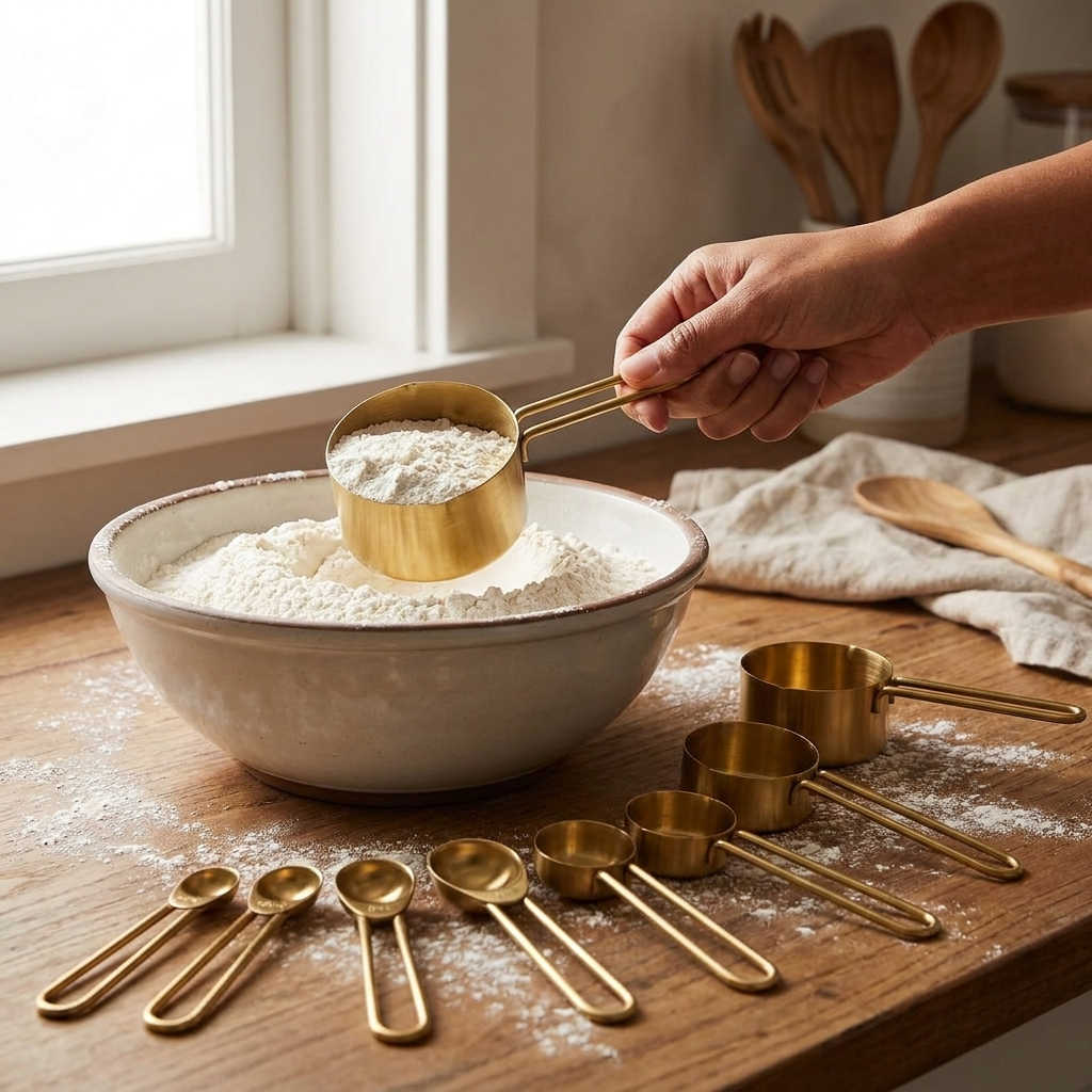 Gold measuring cup scooping flour from a bowl while baking
